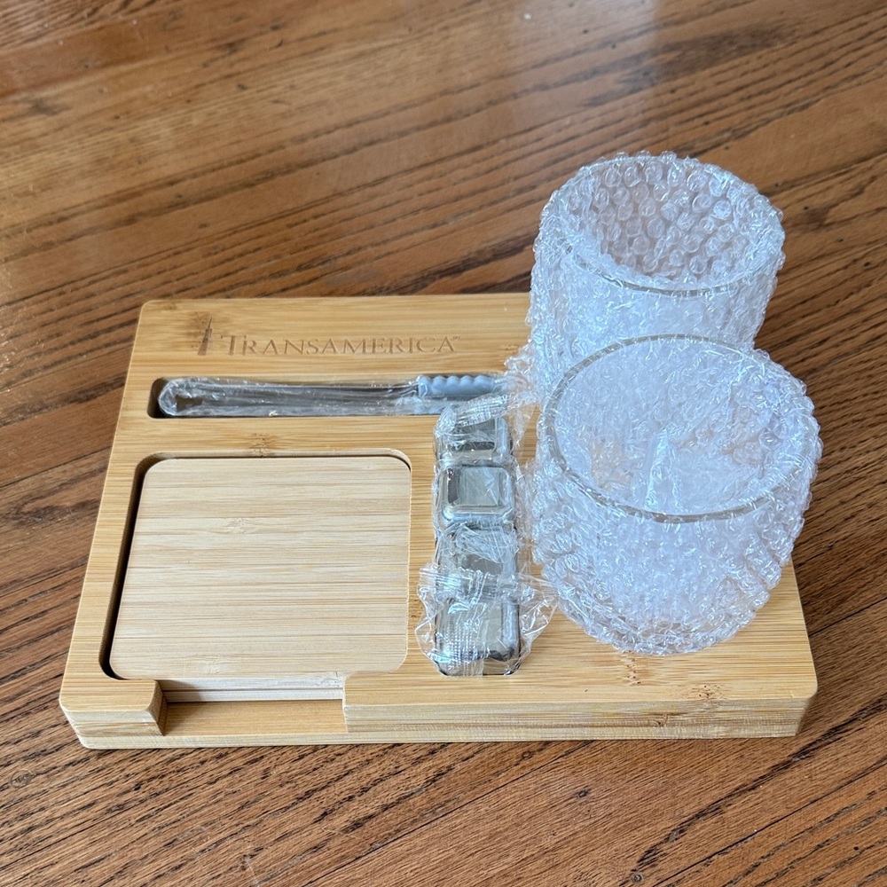New in Box Whiskey Bar Set with Bamboo Tray, Glasses, Coasters, Ice Cubes